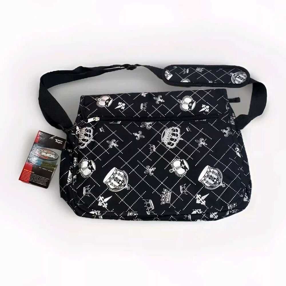 Track USA Women's Crossbody Bag Square Black School Crowns Adjustable Strap NWT